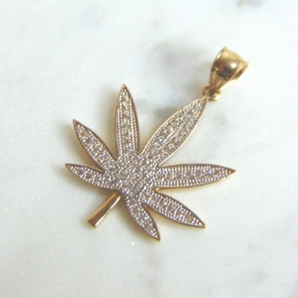 Blinged Out 14K Yellow Gold Marijuana Pot Leaf Pendant, 3.7g E843